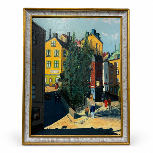 Knut Haggren (1926 -1986) Köpmantorget, Gamla Stan, olja på duk, signerad.