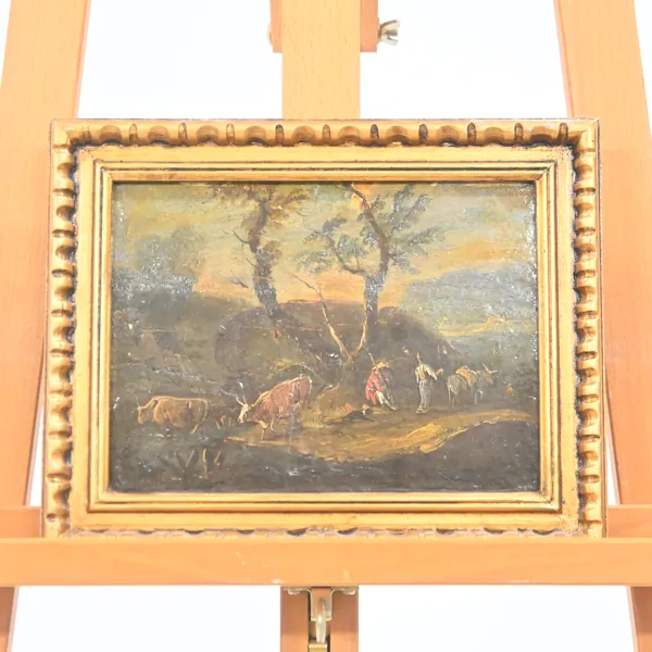 Okänd konstnär, pastoralt landskap, olja på pannå, 1700-tal eller tidigare.