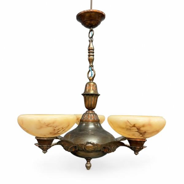 Taklampa, koppar och marmorerat glas, 1900-talets första hälft.