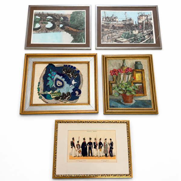Parti tavlor, 5 delar, blandteknik, grafik och olja, 1900-tal.