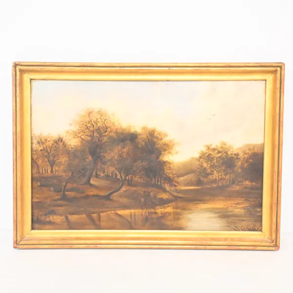 Okänd konstnär, landskap med vattendrag, olja på pannå, 1800-tal.