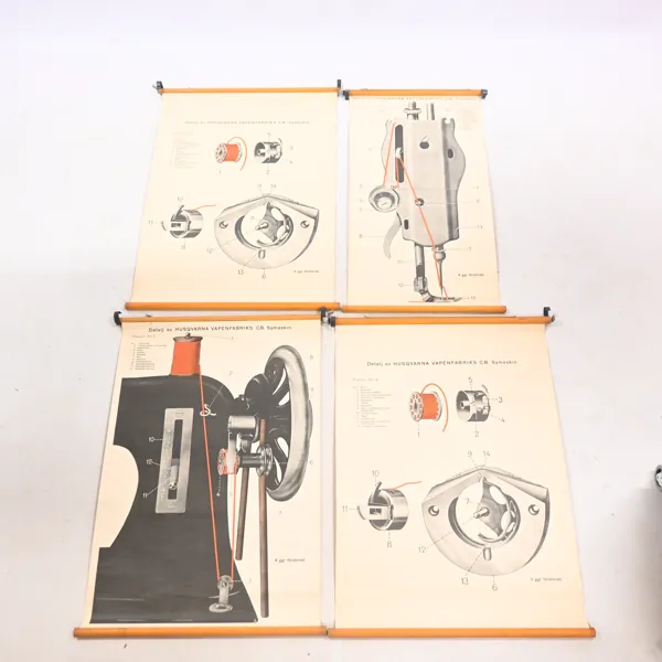 Planscher, 4st, "Husqvarna Vapenfabriks C.B. Symaskin", 1900-talets första hälft.