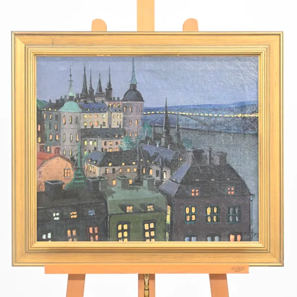 Knut Haggren (1926-1986) stockholmsvy under kvällshimmel, olja på duk, signerad.