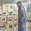 Olle Larsson (1926-1996) man i affärsmiljö, olja på duk, signerad.