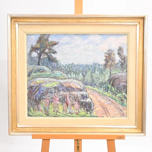 Edit Gustafsson (1886-1968) skogslandskap, olja på pannå, signerad.