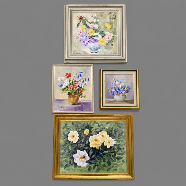 Oljor, 4st, blomsterstilleben, 1900-tal.