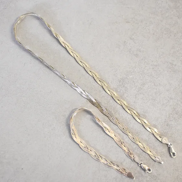 Armband och halsband, flätad, sterlingsilver.