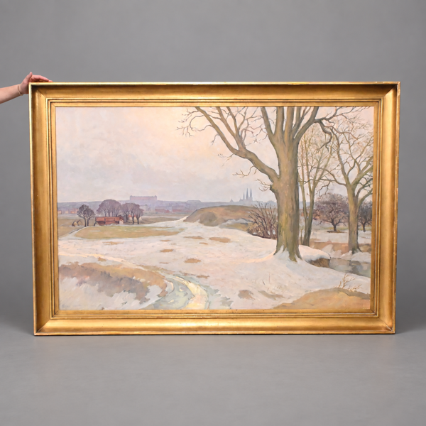 Jonas Lindkvist (1889-1955) Vy mot Uppsala slott från salabacke, olja på pannå, signerad.