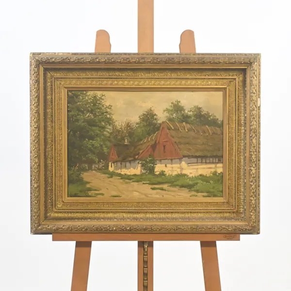 Okänd konstnär, gårdslandskap, olja på duk, sent 1800-tal.