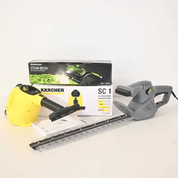 Steam cleaner, 2st, "Kärcher" & "Silver Crest", samt en häcksax "Meec Tools".