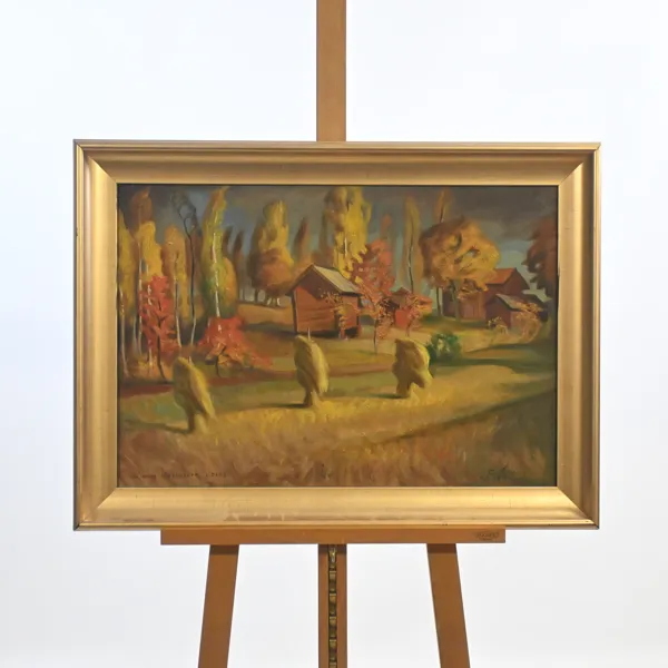 Per-Hilding Perjons (1911-1998) "Vaknande höstmorgon i dagg", olja på duk, signerad.
