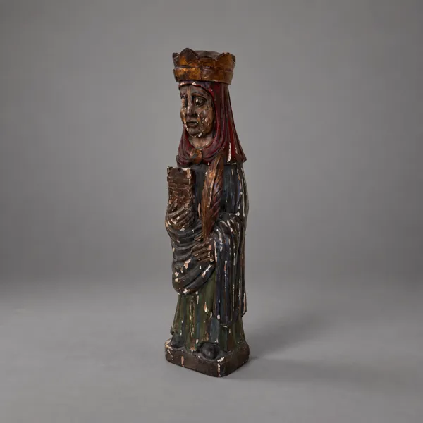 Träskulptur, föreställande krönt gestalt, äldre.