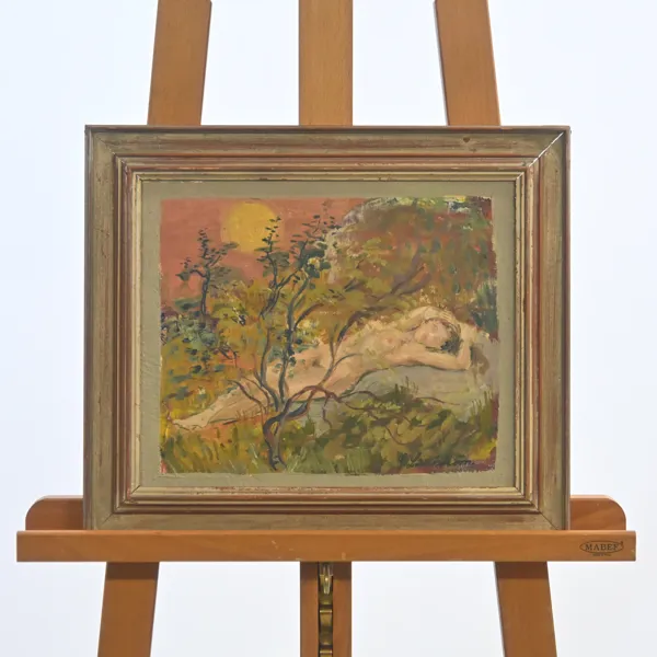 Georg Lindström (1912-2005) liggande kvinna i ett naturlandskap, olja på pannå, signerad.