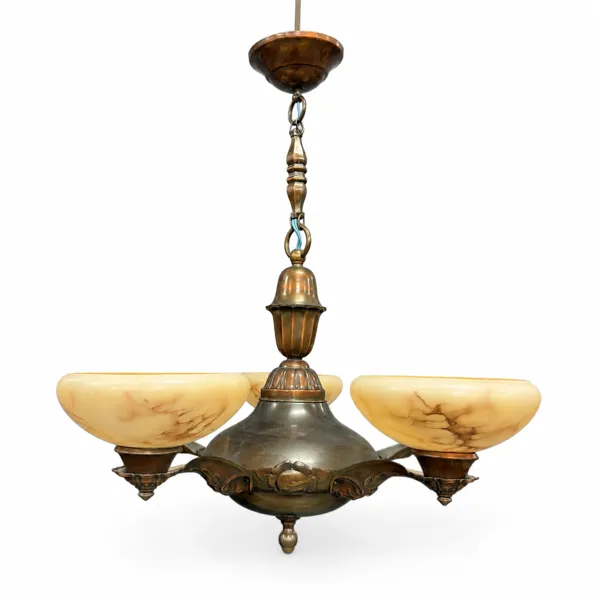 Taklampa, koppar och marmorerat glas, 1900-talets första hälft.