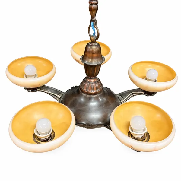 Taklampa, koppar och marmorerat glas, 1900-talets första hälft.