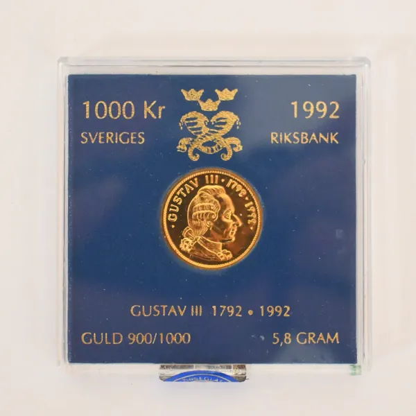 Guldmynt, 1000kr, Gustav III, 1992.