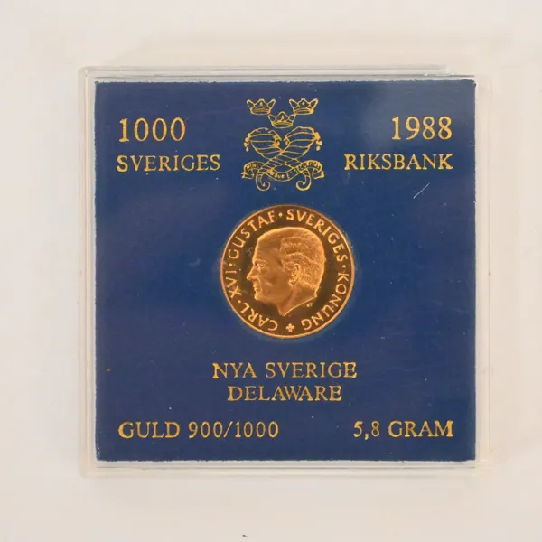 Guldmynt, 1000kr, Nya Sverige Delaware, 1988.