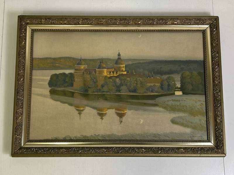 Tavla blandteknik Gripsholm slott signerad G. Ankarcrona 1899 