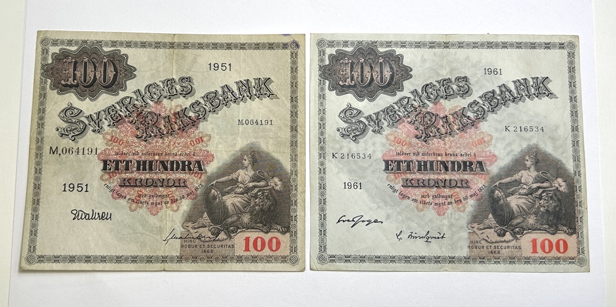 SVERIGE, 100 kr sedlar 1951 & 1961