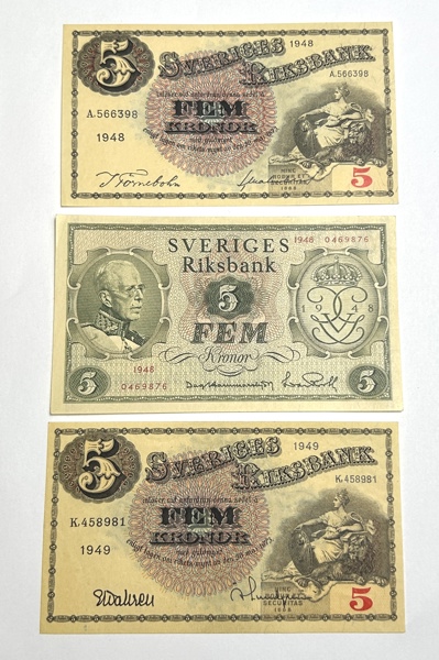 SVERIGE, 3 st 5 kr sedlar, 1948 & 1949 UNC Ocirkulerade