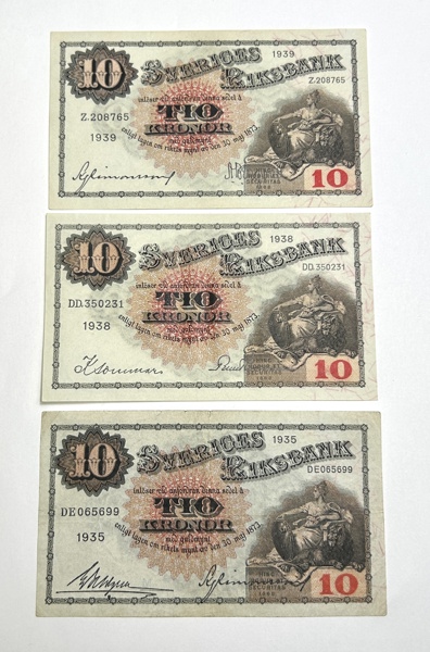  SVERIGE, 3 st 10 kr sedlar, 1935, 1938 och 1938