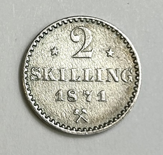 NORGE 2 Skilling 1871 Karl XV 
