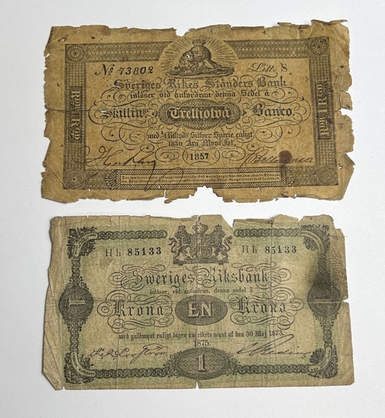 Sverige 2st Sedlar 32 Skilling Banco 1857 & 1kr 1875