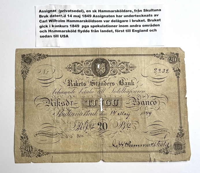 Sverige  Privat Sedel Skultuna 20 Riksdaler Banco 1849 (Hammarsköldare)