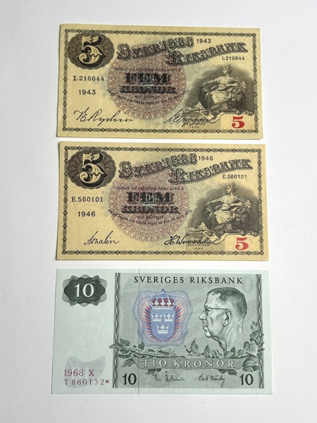 Sverige 3st Sedlar 2st 5kr Sedlar 1943 & 1946 & 10kr 1968 Stjärnmärkt