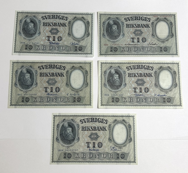 Sverige 5st 10Kr Sedlar 1950 Röd Text,1956,58,59,62