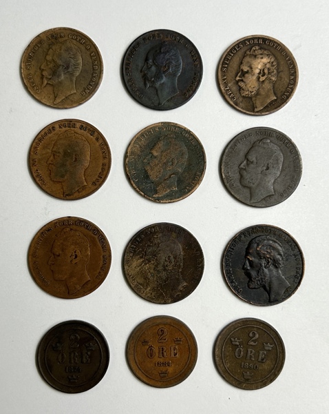 Sverige 12st 2 öringar 1857,58,61,63,64,65,66,72,73,74,84,90