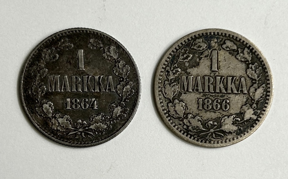 Finland 1 Markka 1864 & 1866 Silvermynt