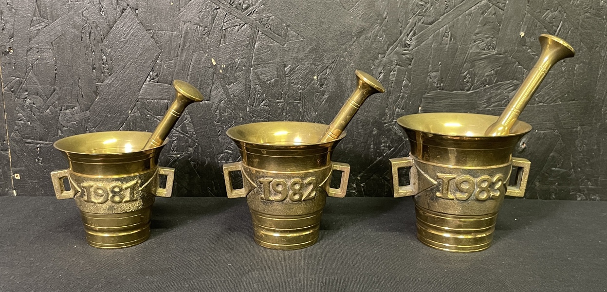 Mässingsmortlar Skultuna 3 st stl 5 6 och 7,  märkta 1981 1982 1983 