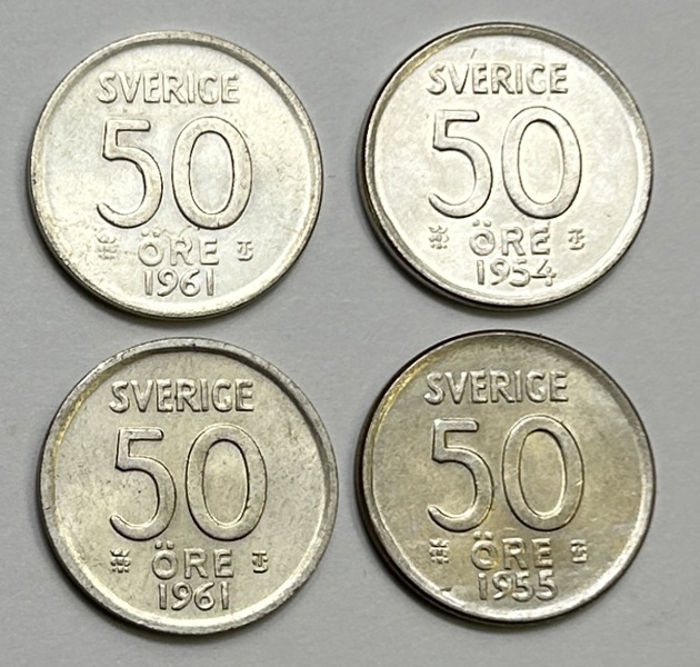 Sverige Gustav VI Adolf 4st 50 Öringar 1954,55,2st 61 Silver kvalite 0-UNC