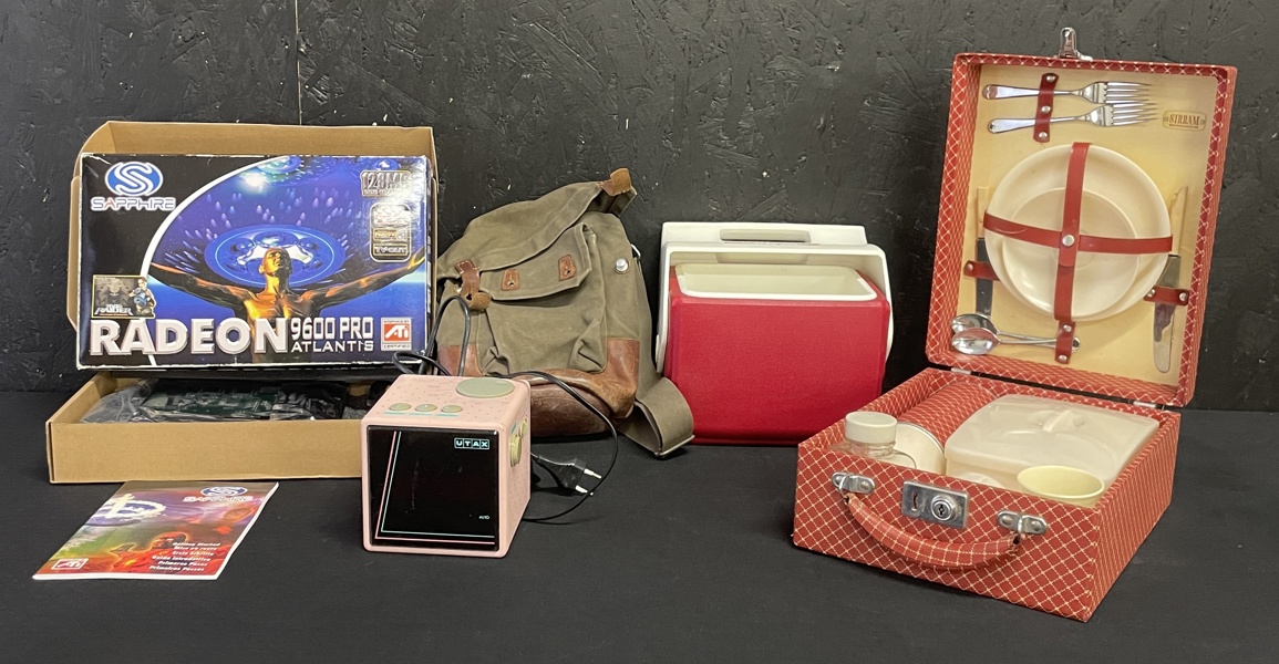 Diverse bl a Kylväska retro Picknickkorg mindre ryggsäck Grafikkort m.m.