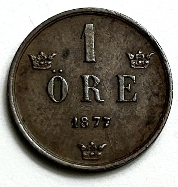Sverige Oscar II 1 öre 1877 Kort Text