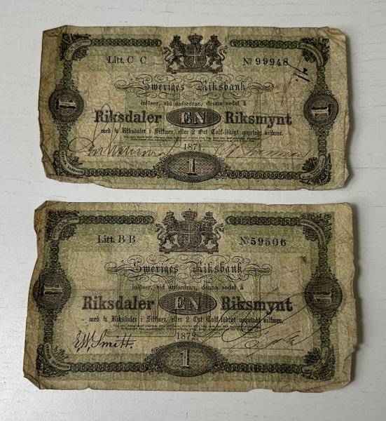 2 st sedlar, 1 riksdaler riksmynt, år 1871 och 1872