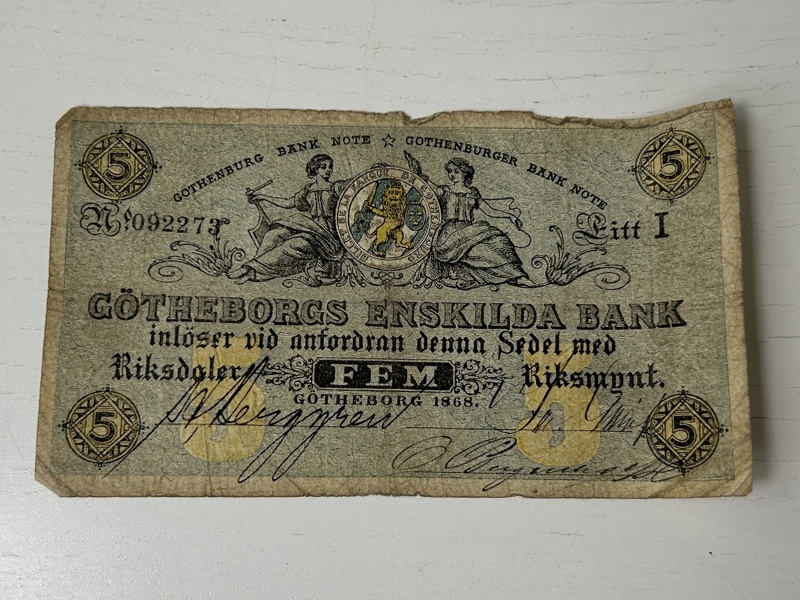 Sedel, göteborgs enskilda bank, Fem riksdaler riksmynt år 1868