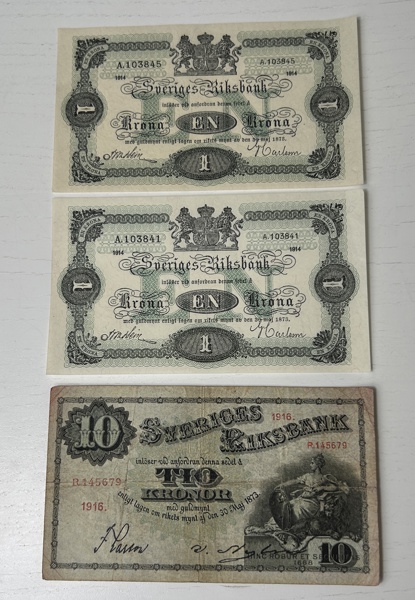 Sedlar 3 st, Sverige, 1 st 10kr 1916, 2 st 1 kr 1914