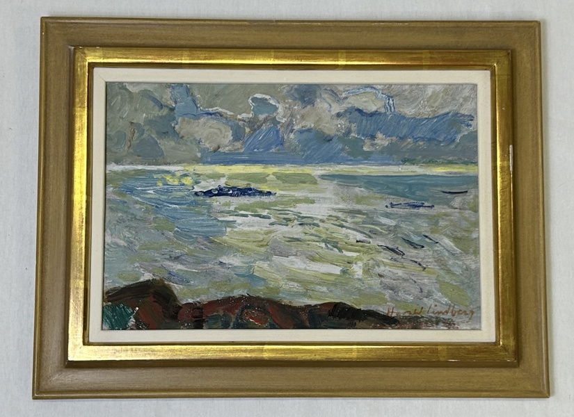 Harald Lindberg "Soldis över Norrharn på kökar, Åland" olja på pannå, signerad