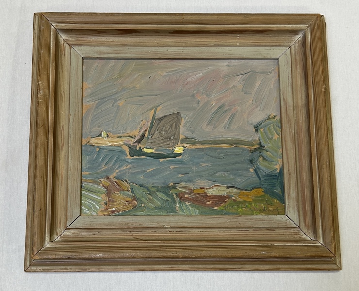 Harald Lindberg "Seglande skuta i Arholmaleden", olja på pannå