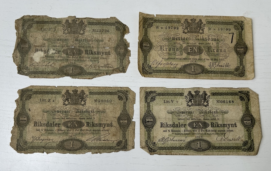 4 st sedlar, 1 riksdaler riksmynt, år 1872, 2 st år 1873