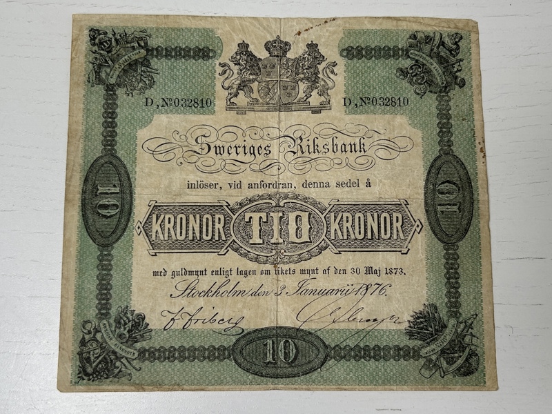 Sedel, 10 kronors Sverige, år 1876