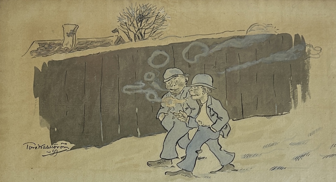 Tore Wahlström "Nittiotalets Svartbäcksgangster" Akvarell, Uppsala motiv, signerad, 1899.