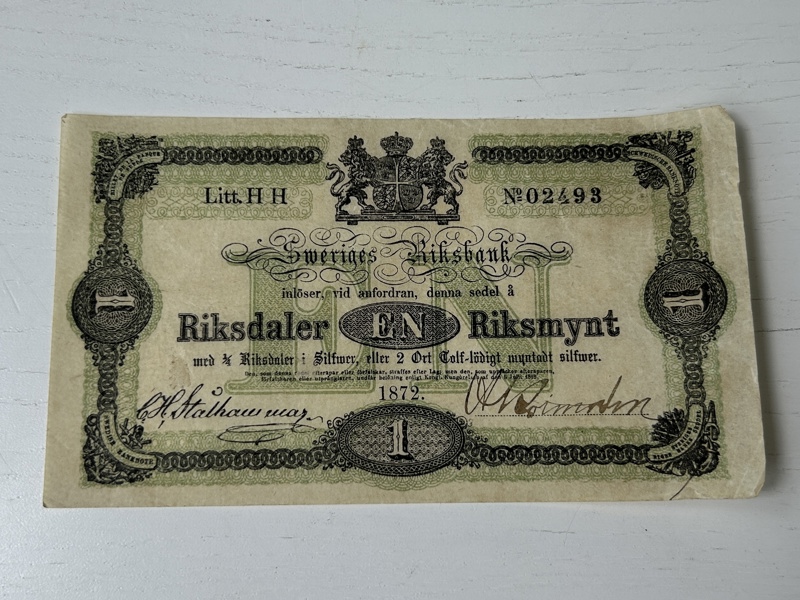 Sedel, en riksdaler riksmynt år 1872