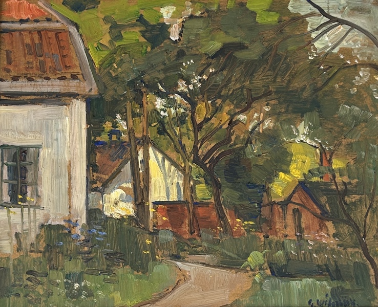 Gusten Widerbäck. "Fyrislund Uppsala" Olja på pannå, signerad och daterad 1944.