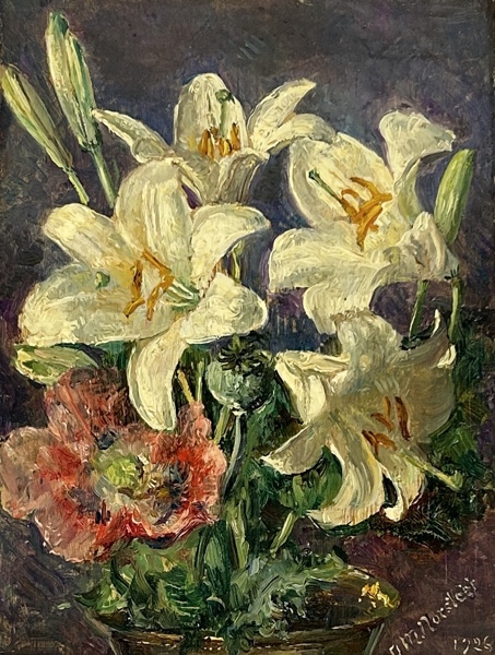 Anna Munthe-Nordstedt. Olja på pannå, blomsterstilleben, signerad och daterad 1926.