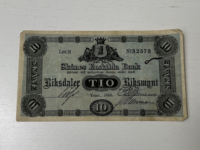 Sedel, 10 riksdaler riksmynt, 1866, Skånes Enskilda bank