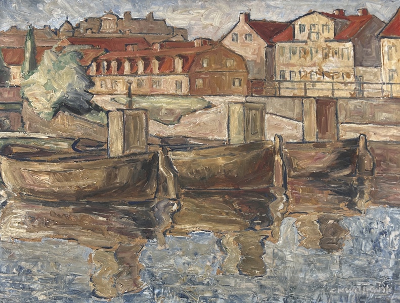 Carl Herman Wetterwik. "Fyrisån, Sju Helvetes Gluggar" Olja på pannå, signerad.
