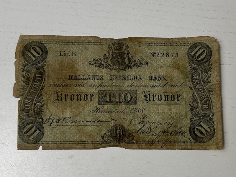 Sedel, 10 kr Hallands Enskilda bank, 1880